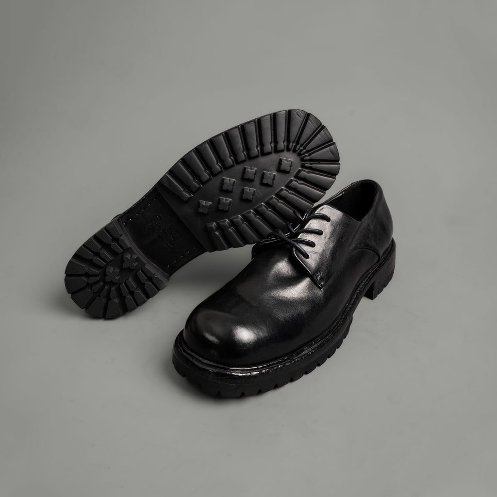 Washed Black Leather Lug Sole Derbies