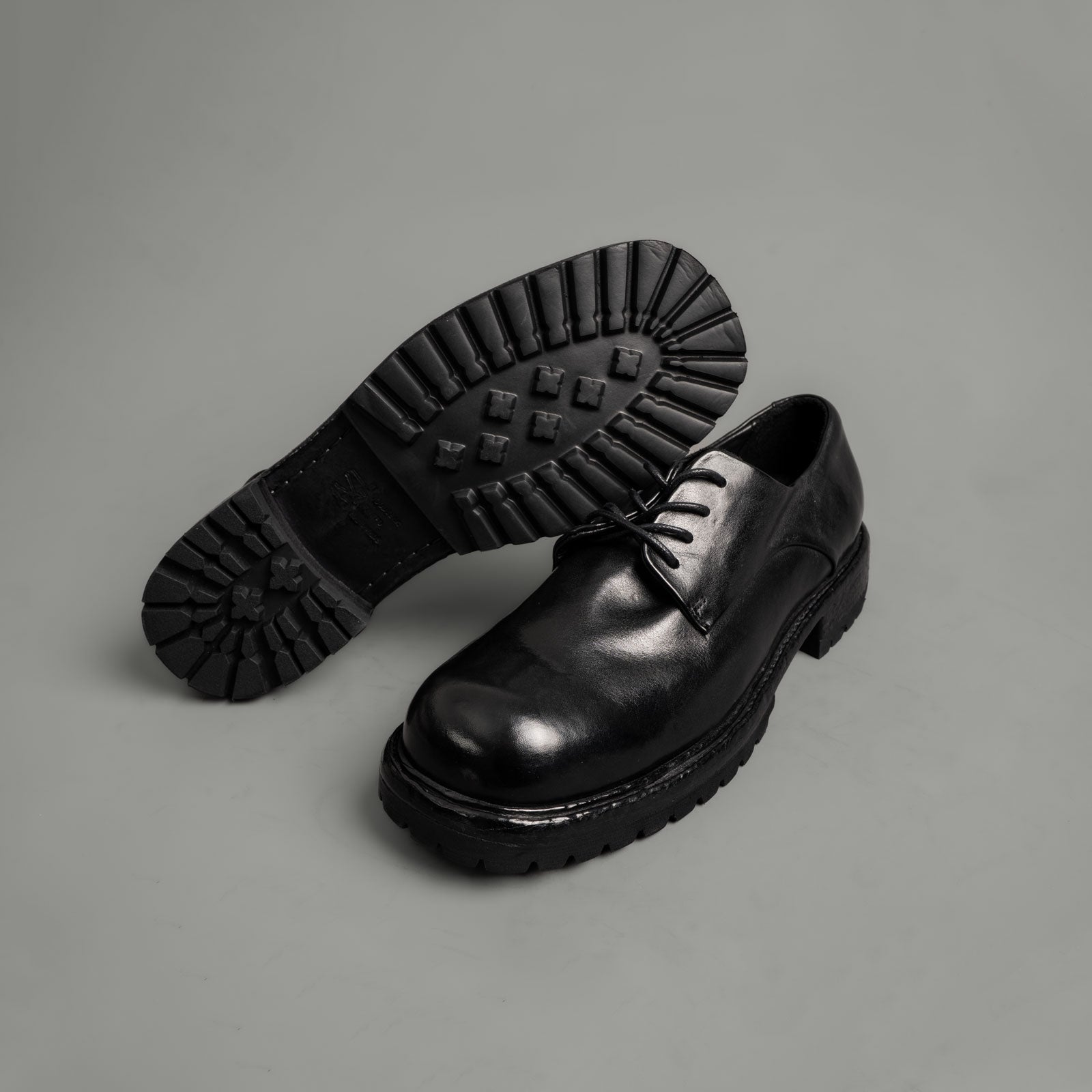 Washed Black Leather Lug Sole Derbies