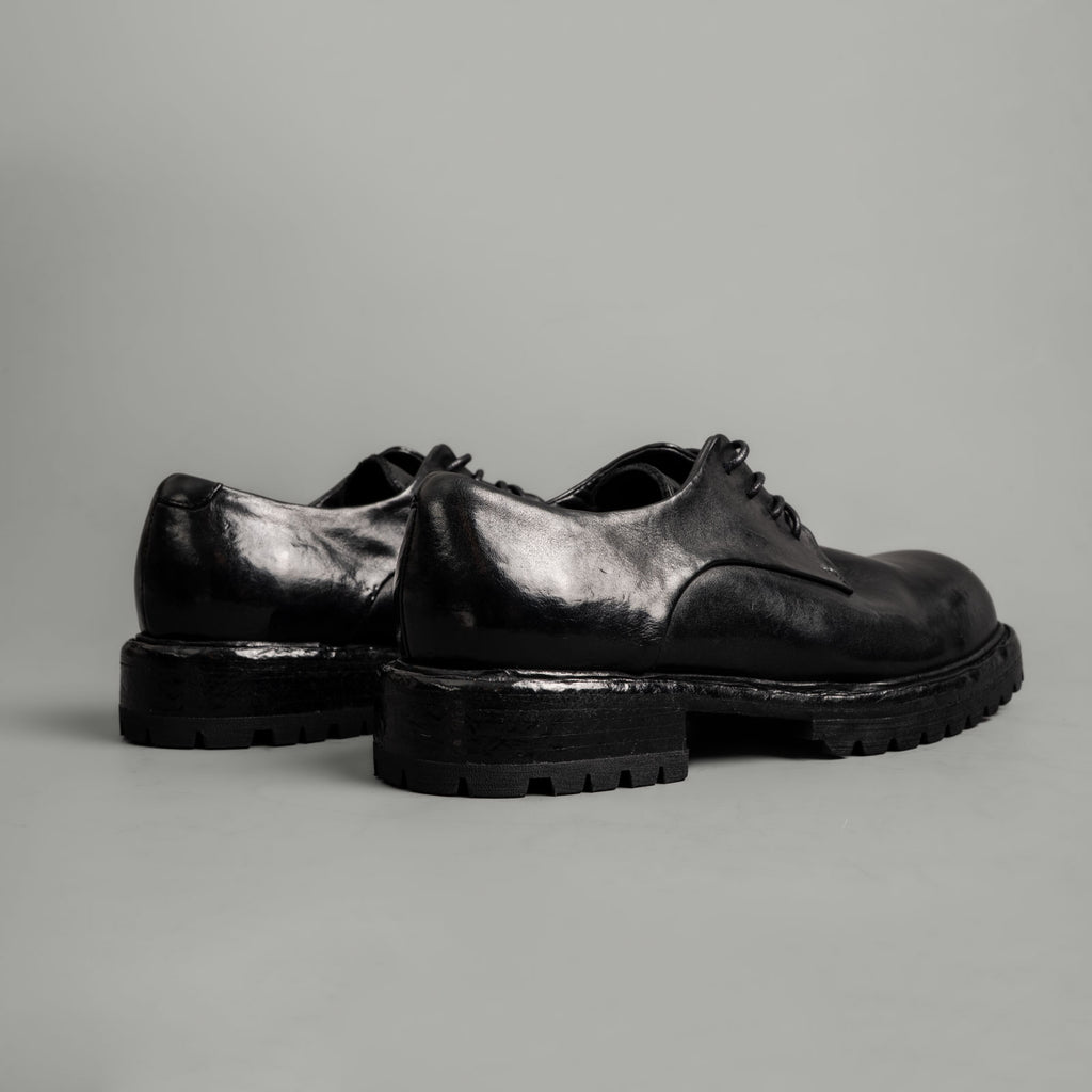 Washed Black Leather Lug Sole Derbies
